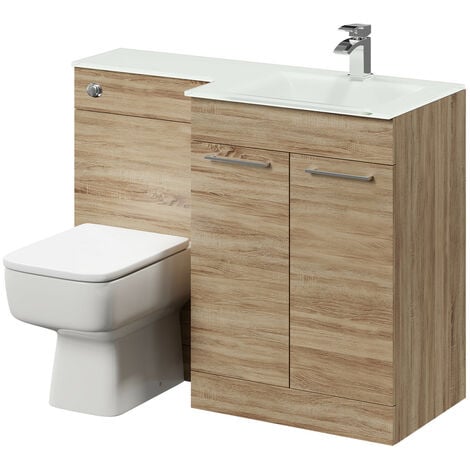 Venice Square Right Hand White Glass 1100mm 2 Door Bordalino Oak Vanity Unit Toilet Suite