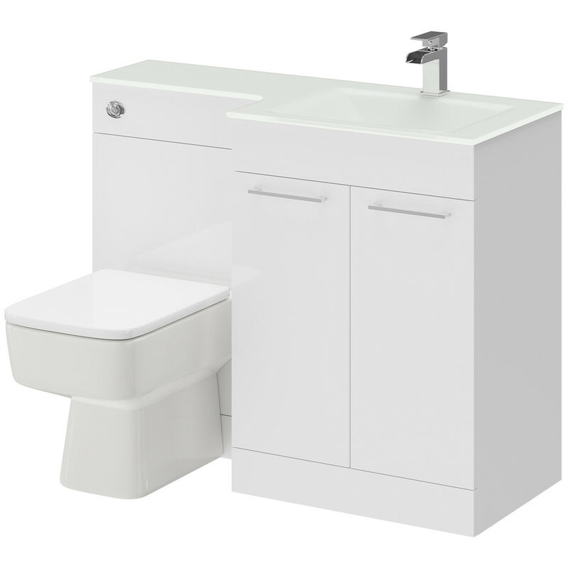 Venice Square White Glass 1100mm Right Hand 2 Door Gloss White Vanity Unit Toilet Suite