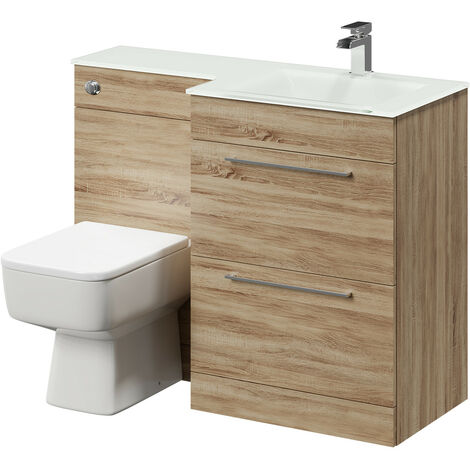 Venice Square Right Hand White Glass 1100mm 2 Drawer Bordalino Oak Vanity Unit Toilet Suite