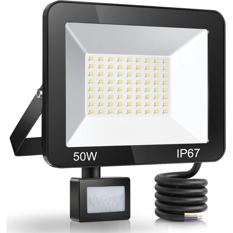 50W Projecteur led Exterieur Detecteur de Mouvement, IP67 Étanche Spot led Avec Détecteur, 5000LM 7000K Blanc Froid Eclairage Exterieur, Lampe