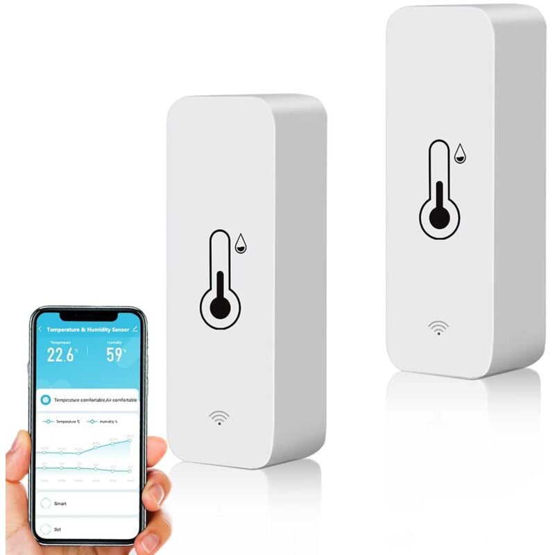 Lot de 2 WiFi Smart Thermomètre, mini capteur numérique de température & d'humidité intérieure, capteur d'humidité à température ambiante pour sous