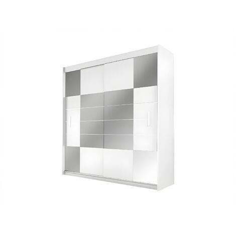 Vente-Unique – Armoire 2 portes coulissantes avec miroir – Longueur 203 cm – Hauteur 215 cm – Panneau de particule blanc – Type de rangement 8 lingères, 2 penderies