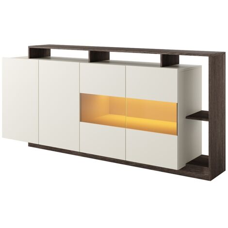 Vente-Unique – Buffet 4 portes et 4 niches avec LEDs – Beige et naturel foncé – Panneau de particule et verre trempé – Charge maximale 50 kg