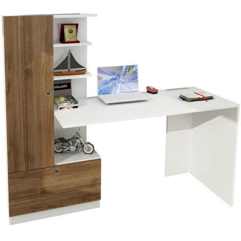 Vente-Unique – Bureau droit avec étagère intégrée – Dimensions 120x61.8x73.8 cm – Panneaux de particules mélaminé blanc – Fixation murale possible