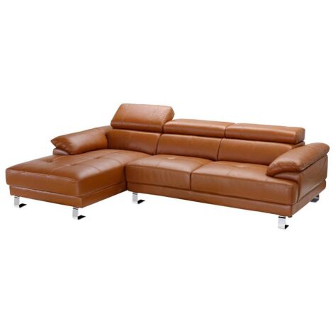 Vente-Unique – Canapé d'angle gauche cuir supérieur camel – 5 places – 265 cm – Têtières relax multiposition – Structure bois et métal