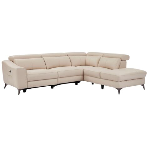 Vente-Unique – Canapé d'angle relax électrique 5 places en cuir de vachette crème – Moteur Zero wall – Coffre de rangement intégré – Dimensions 275x223cm