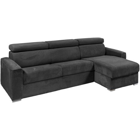 Vente-Unique – Canapé d'angle réversible convertible express 5 places en velours côtelé gris anthracite – Couchage 140 cm – Matelas 14 cm