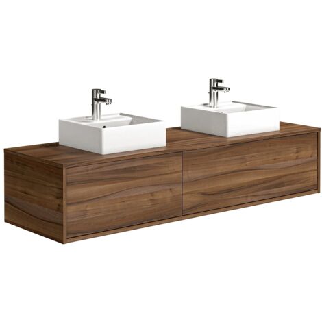 Vente-Unique – Ensemble de meubles de salle de bain suspendu 150 cm – Double vasque carrée en céramique – 2 tiroirs coulissants – Éco-responsable