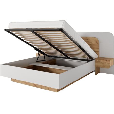 Vente-Unique – Lit coffre 160 x 200 cm avec chevets et LEDs – Coloris naturel et blanc – Panneau de particule mélaminé – Éco-responsable fabriqué en Europe