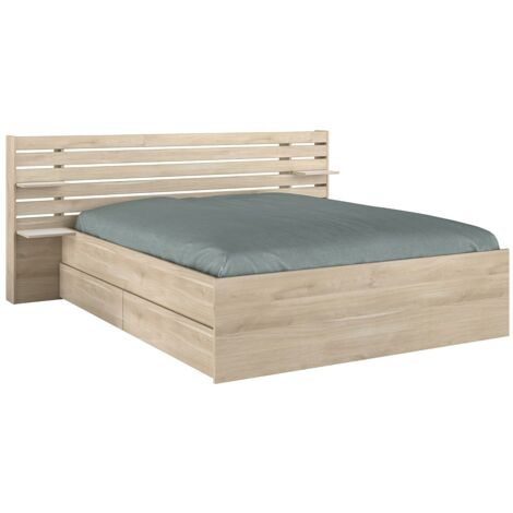 Vente-Unique – Lit avec tiroirs 160 x 200 cm – Coloris naturel clair – 2 tiroirs de rangement – Fabrication éco-responsable en panneaux mélaminés - LIT 160 X