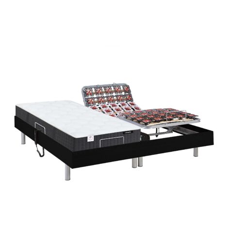 Vente-Unique – Lit électrique de relaxation 2 x 80 x 200 cm – Matelas ressorts ensachés et mémoire de forme – Inclinaison tête 79° et pieds 48° – Noir