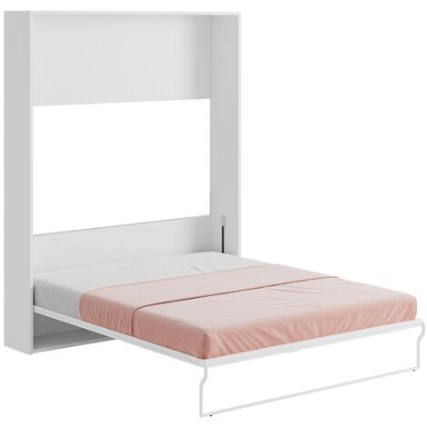 Vente-Unique – Lit escamotable 160x200 cm – Ouverture verticale manuelle – Blanc et gris – Conception pour espaces réduits – Poids maximal 185 kg