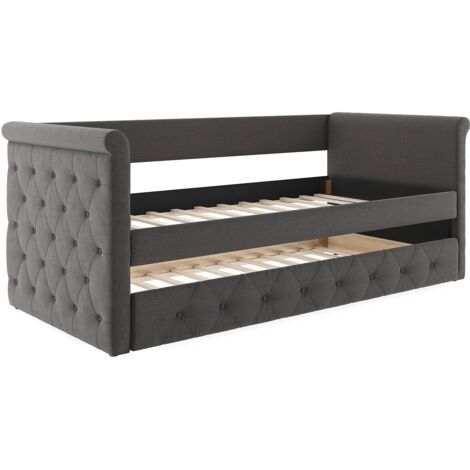 Vente-Unique – Lit gigogne capitonné 90x190cm – Tissu polyester gris – Cadre à lattes – Charge maximale 200kg – Dimensions 219x95.2x98.5cm