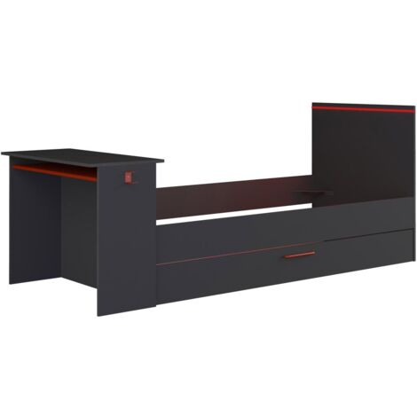 Vente-Unique – Lit gigogne gamer 90 x 200 cm avec bureau – LEDs rouges – Panneau de particule – Finition mélaminé – Éco-responsable