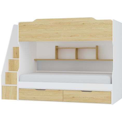 Vente-Unique – Lit superposé 90 x 190 cm avec rangements – Blanc et naturel – 2 tiroirs et 2 niches – Sommier plein en panneau – Charge max 80 kg