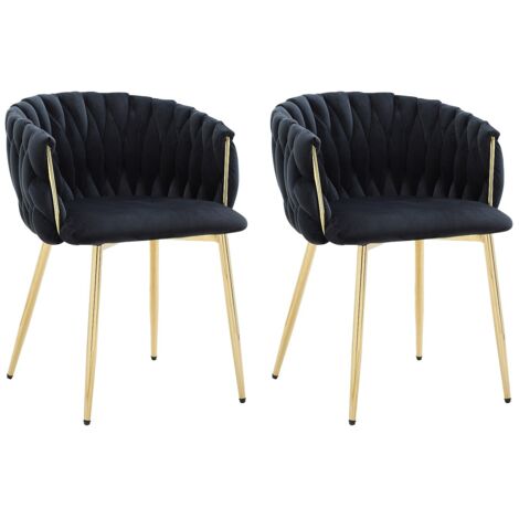 Vente-Unique – Lot de 2 chaises avec accoudoirs en velours noir – Métal doré – Dossier enveloppant – Garnissage mousse polyuréthane – Charge max 130 kg