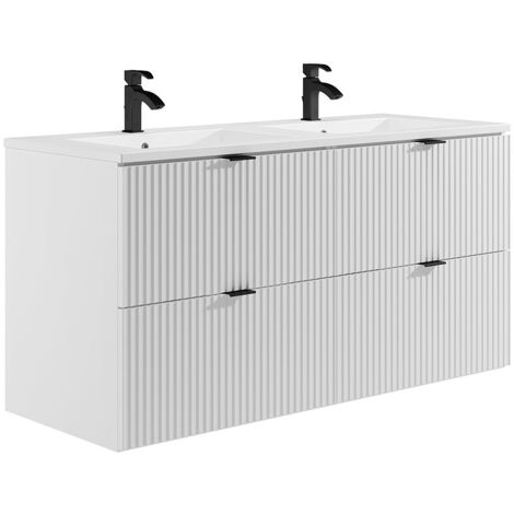 Vente-Unique – Meuble double vasque suspendu strié 120 cm – MDF blanc mat avec vasque céramique à encastrer – 2 tiroirs soft close