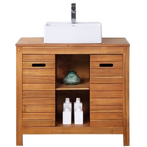 Vente-Unique – Meuble sous vasque en acacia 90 cm – 2 portes battantes – 2 niches et étagère – Vasque à poser en céramique blanc – Montage au sol