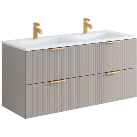 Vente-Unique – Meuble sous vasque suspendu 120 cm – Mdf beige rainuré – Vasque à encastrer rectangulaire – 4 tiroirs soft close