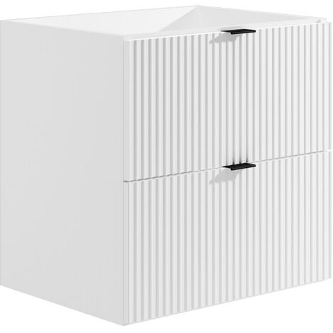 Vente-Unique – Meuble sous vasque suspendu strié 60 cm – Blanc mat – MDF – 2 tiroirs soft close – Finition rainurée pour salle de bain moderne