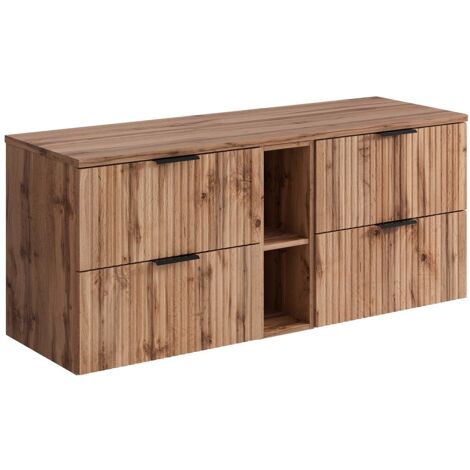 Vente-Unique – Meuble sous vasque suspendu strié – Naturel clair – 140 cm – 4 tiroirs avec niches – Mdf éco-responsable fabriqué en Europe