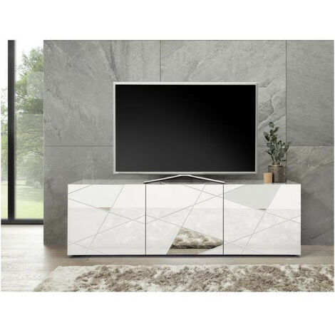 Vente-Unique – Meuble TV blanc laqué brillant – Dimensions L181 x P43 x H57 cm – Finition miroir pour un style moderne – Panneau de particules