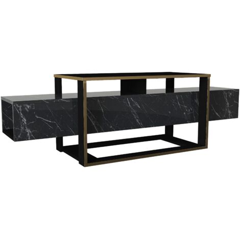 Vente-Unique – Meuble TV noir et or avec rangements – Dimensions 160x49,8x46,1 cm – Panneau mélaminé 18 mm – Pour salon moderne ou bureau
