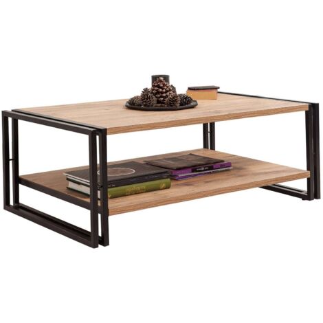 Vente-Unique – Table basse fixe 110cm – Bois mélaminé chêne clair et métal noir – Deux plateaux superposés pour rangement – Style industriel