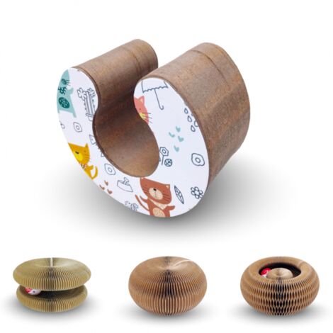 Venteo – Griffoir pour chat en carton ondulé recyclé – Jouet interactif avec fermeture aimantée – Inclus herbe à chat et balles à cloche – Multitudes de possibilités