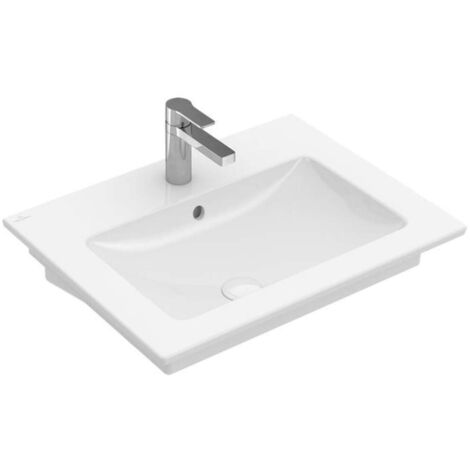 Venticello, Lavabos suspendidos, 600 x 500 mm, Rectangular, modelo de suelo, para grifería de 3 orificios, orificio central perforado, con rebosadero, Porcelánico sanitario
