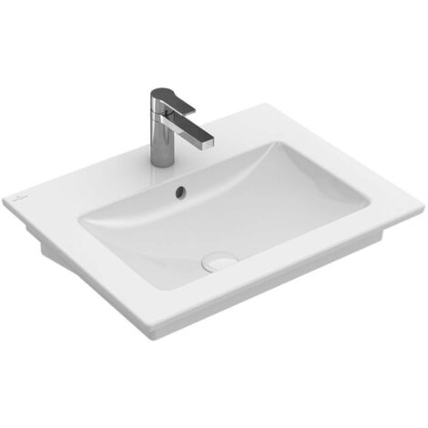 Venticello, Lavabos suspendidos, 600 x 500 mm, Rectangular, para grifería de 3 orificios, orificio central perforado, con rebosadero, Porcelánico sanitario