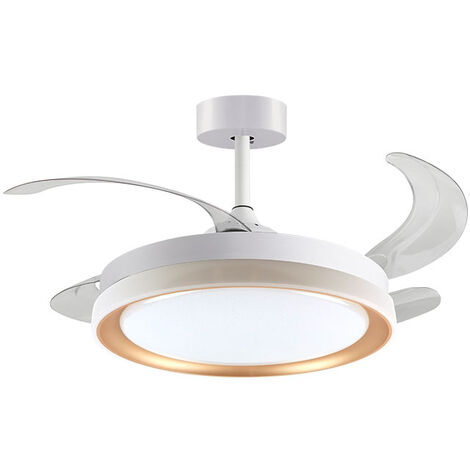 Ventilador DC KIGALI blanco/oro, 4 aspas retráctiles, 72W LED 300040006000K, Al.35xD.108/50cm