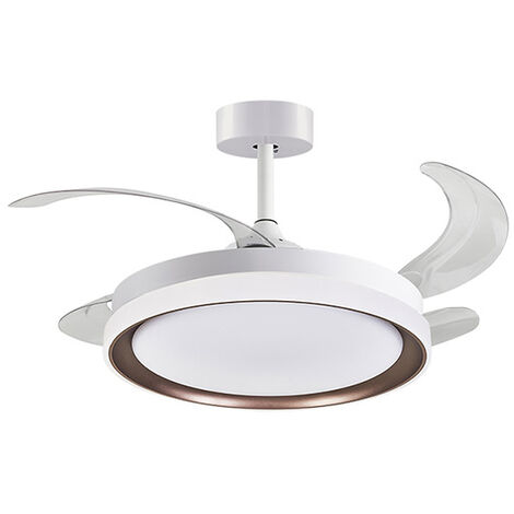 Ventilador DC KIGALI MINI blanco/marrón, 4 aspas retráctiles, 48W LED 300040006000K, Al.35xD.91/40