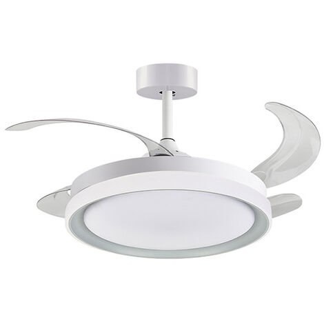 Ventilador DC KIGALI MINI blanco/plata, 4 aspas retráctiles, 48W LED 300040006000K, Al.35xD.91/40c