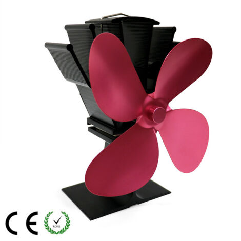 Ventilador de 4 aspas accionado por calor, silencioso, de aluminio, para leña, estufa de leña y chimenea (rojo rosado).