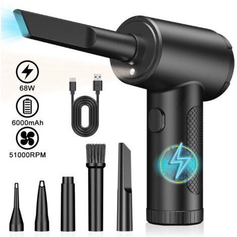 Ventilador de aire comprimido para PC, 3 velocidades, 51000 RPM, inyección eléctrica de aire comprimido con luz LED, kit 2 en 1 mini ventilador para teclado de coche con bolsa de almacenamiento portát