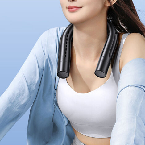 Ventilador de cuello ligero y recargable, ventilador portátil negro con 3 velocidades, funcionamiento silencioso y batería de 4000 mAh para viajes, playa, camping y ciclismo.