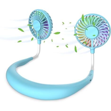 Ventilador de cuello portátil, mini ventilador USB, recargable, con doble cabezal de viento y 3 velocidades para exteriores, camping, oficina y habitación.