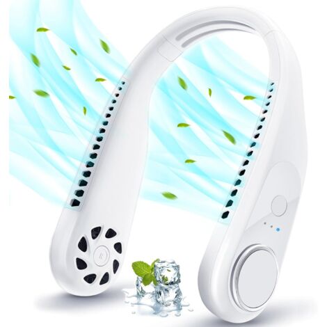 Ventilador de cuello portátil, silencioso, mini ventilador de 5200 mAh, recargable por USB-C, sin aspas, 3 velocidades, funciona con batería para oficina, hogar, viajes y exteriores.