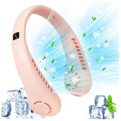 Ventilador de cuello portátil sin aspas, 5 velocidades, pantalla digital, 3000 mAh, gran capacidad, recargable por USB, pequeño ventilador de mano (rosa)