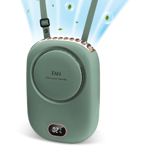 Ventilador de cuello portátil y manos libres con cable y soporte ajustables, mini ventilador recargable por USB sin aspas, 3 velocidades, para mujeres y niños, ideal para viajes, color verde.