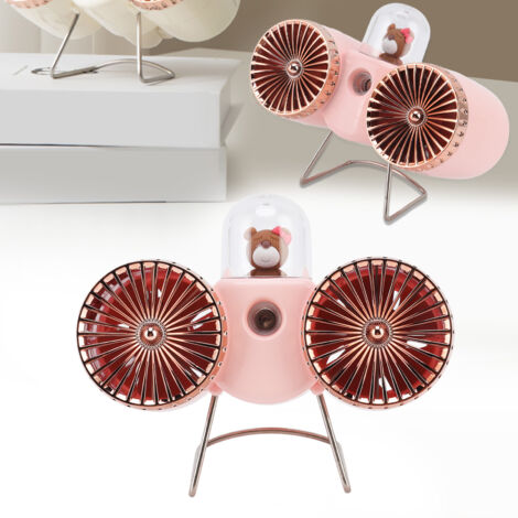 Ventilador de escritorio USB Bear Design con 2 aspas, 3 velocidades, luz nocturna y batería recargable – ABS, 290 g, rosa, para oficina, hogar y viajes.