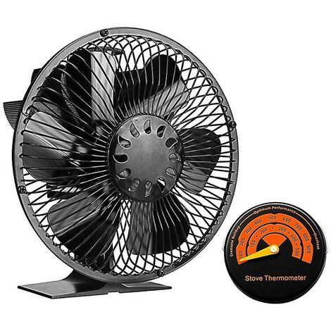 Ventilador de estufa alimentado por calor de 6 aspas con cubierta Quemador de leña Eco Silencioso Ventilador de chimenea de gran volumen de aire Distribución eficiente del calor - Con termómetro donto