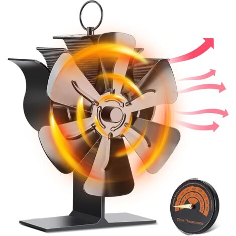 Ventilador de estufa de leña, ventilador de chimenea accionado por calor con 6 aspas, ventilador silencioso ecológico para leña/estufa de leña/chimenea con termómetro