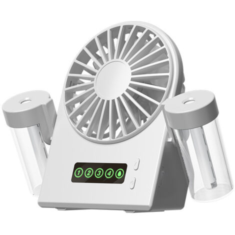 Ventilador de mesa con humidificador y 2 boquillas, ventilador portátil con 4 velocidades, ventilador silencioso con pantalla LED - Blanco