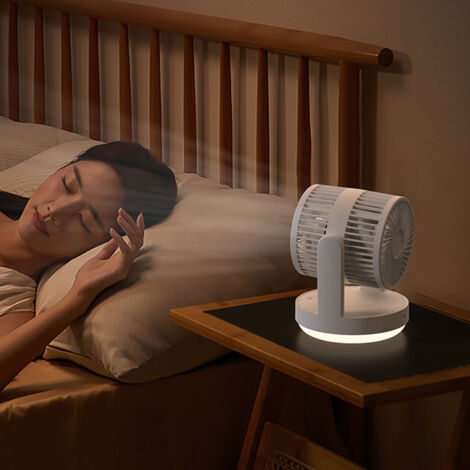 Ventilador de mesa oscilante recargable (6000 mAh) con luz suave, 3 velocidades, carcasa de ABS, 146 x 146 x 185 mm, flujo de aire bidireccional, ideal para el hogar, la cama y la oficina, color beige