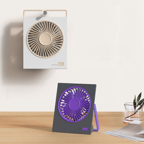 Ventilador de mesa recargable con 4 velocidades, batería tipo C, soporte de pared y ángulo de inclinación de 180°, ideal para oficina, dormitorio o camping (ABS, gris-morado).