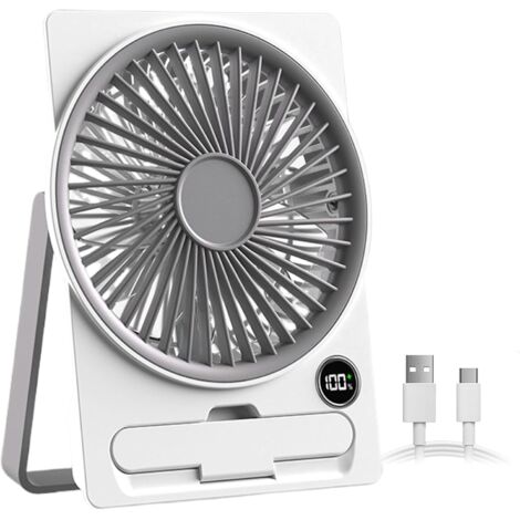 Ventilador de mesa recargable por USB con pantalla LCD, diseño ultrafino, ideal para acampar, viajar y usar en interiores, color blanco.