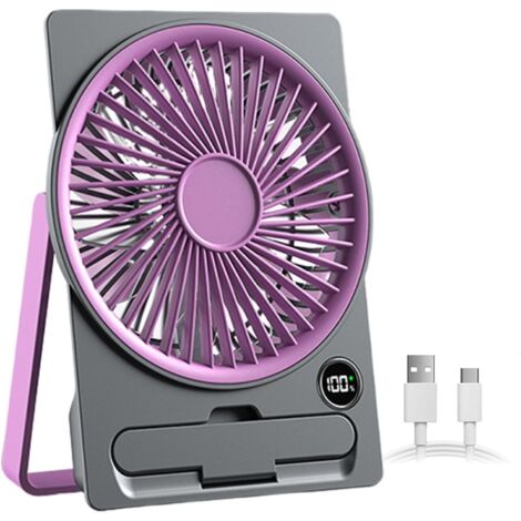 Ventilador de mesa recargable por USB con pantalla LCD, diseño ultrafino, ideal para acampar, viajar y usar en interiores, color morado.