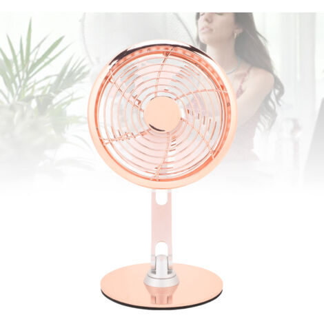 Ventilador de mesa USB de estilo retro con 3 velocidades, funciona con pilas, gira 360° y tiene una base metálica estable de color oro rosa.